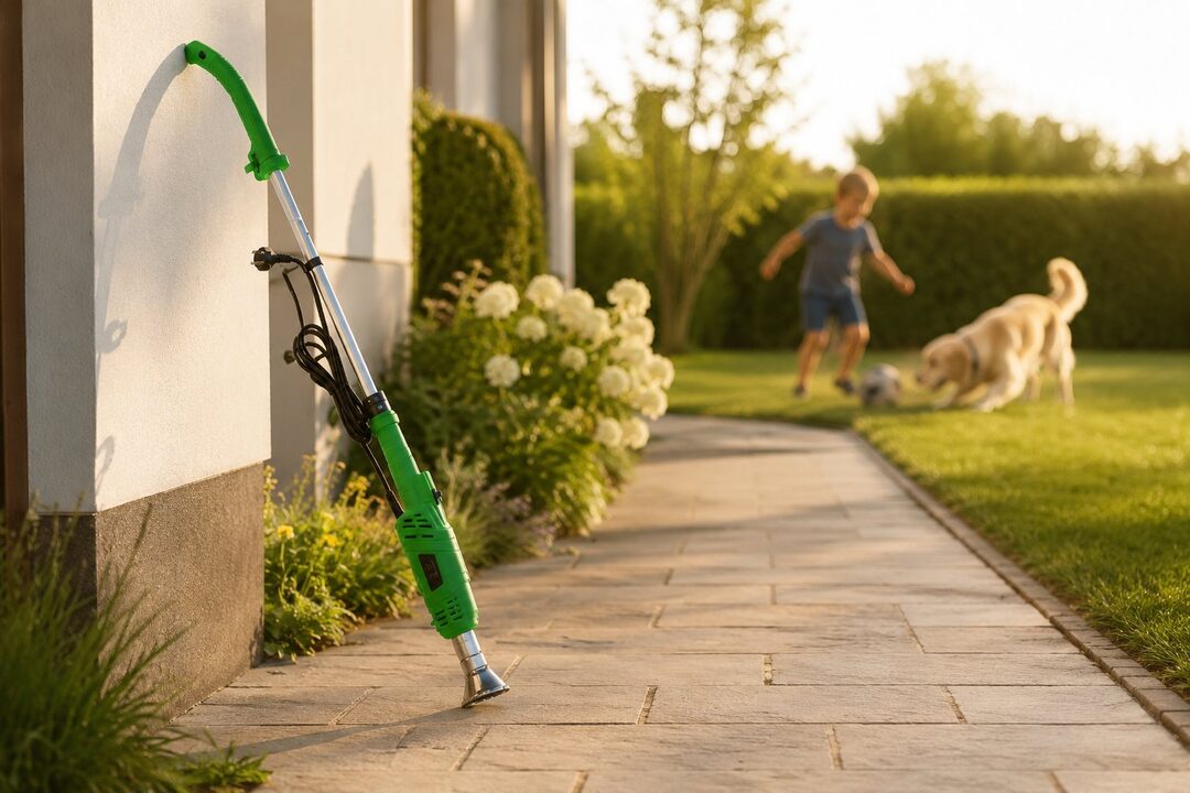 Vialetto sicuro con bambino e cane che giocano